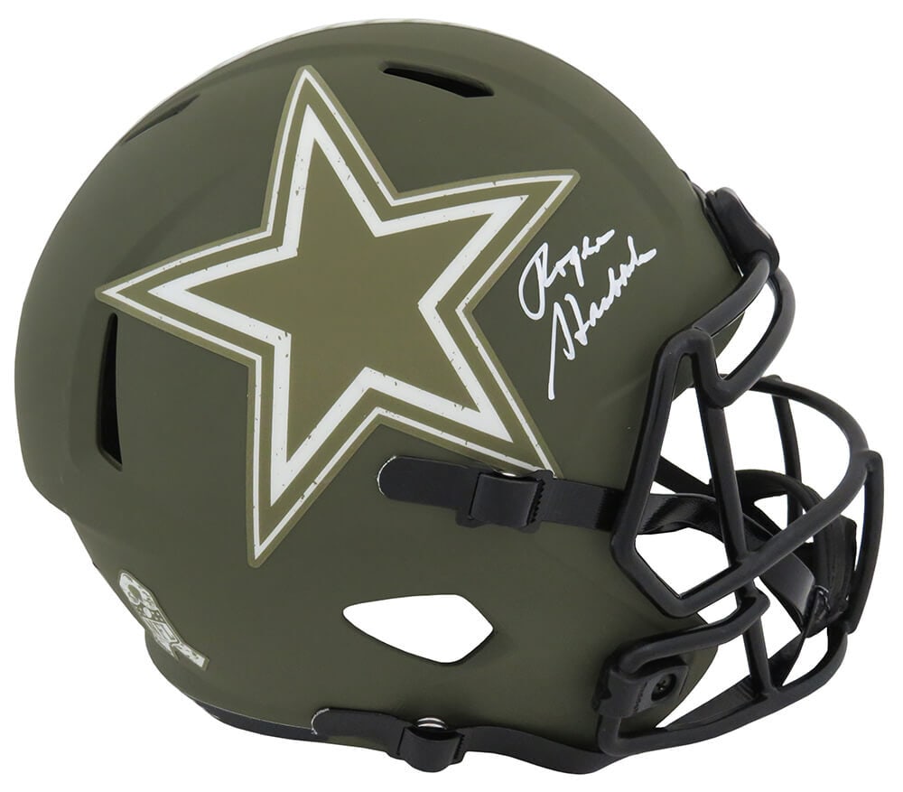 Roger Staubach Signed Dallas Cowboys Salute Helmet with COA: Roger Staubach Signed Dallas Cowboys Salute Helmet with COA Celebrate the legacy of NFL legend Roger Staubach with this signed Dallas Cowboys Salute to Service Riddell full-size speed replica helmet.