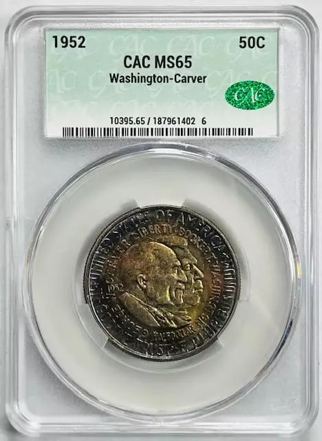 1952 Carver Washington Silver Dollar CAC MS 65 Color: 1952 Carver Washington Silver Dollar CAC MS 65 Color This 1952 Classic Commemorative Carver/Washington coin is certified by CAC and graded MS 65, representing an exceptional quality collectible. The c
