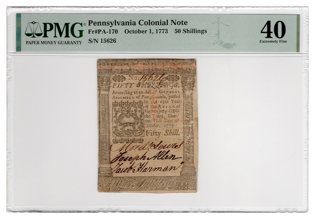 1773 Pennsylvania Colonial 50 Shillings Note PMG XF40 Certified: 1773 Pennsylvania Colonial 50 Shillings Note PMG XF40 Certified This is a historic Pennsylvania Colonial Note issued on October 1, 1773, with a denomination of 50 Shillings. The note has been certifie