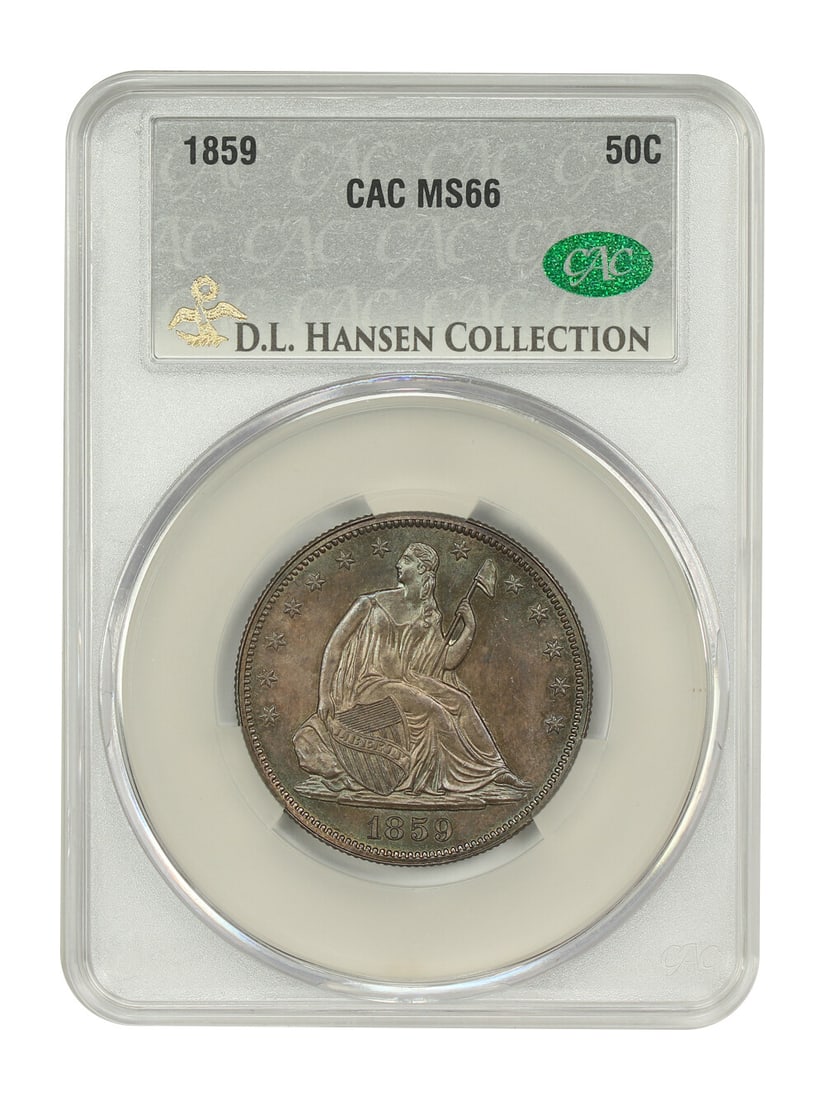 1859 Liberty Seated Half Dollar MS66 CACG Certified D.L. Hansen: 1859 Liberty Seated Half Dollar MS66 CACG Certified D.L. Hansen This 1859 Liberty Seated Half Dollar, certified by CACG with certification number 183880931, is a stunning example of numismatic artistr