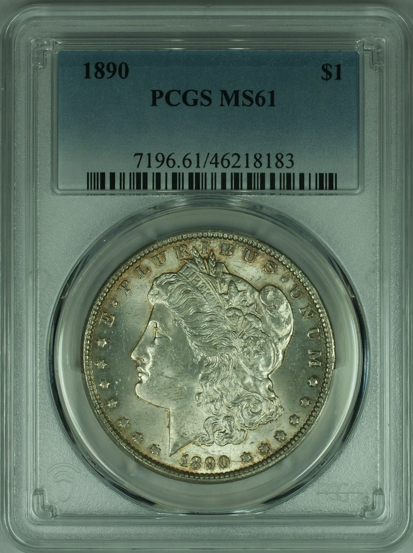 PCGS MS-61 1890 Morgan Dollar Silver Coin Philadelphia Mint: PCGS MS-61 1890 Morgan Dollar Silver Coin Philadelphia Mint This 1890 Morgan Silver Dollar coin originates from the United States and was minted in Philadelphia. Composed of 90% silver, it is graded M
