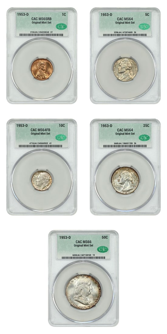 Set of 5 Uncirculated 1953-D Coins 1C to 50C CACG MS64-66 Mint Set: Set of 5 Uncirculated 1953-D Coins 1C to 50C CACG MS64-66 Mint Set This 1953-D Mint Set includes five original coins ranging from 1 cent to 50 cents, all certified by CACG with grades between MS64 and