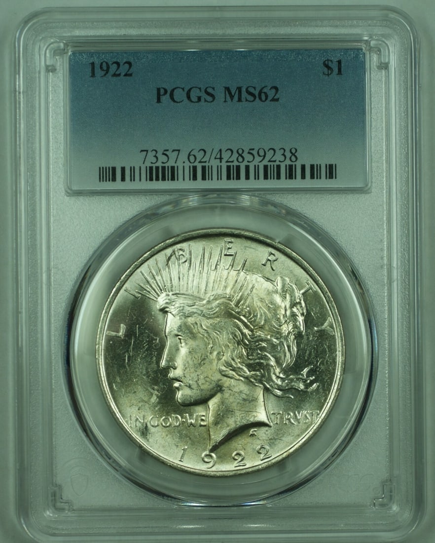 PCGS MS62 1922 Peace Dollar Silver Coin from Philadelphia: PCGS MS62 1922 Peace Dollar Silver Coin from Philadelphia This is a 1922 Peace Silver Dollar from the United States, certified by PCGS with a grade of MS-62. Minted in Philadelphia, this uncirculated