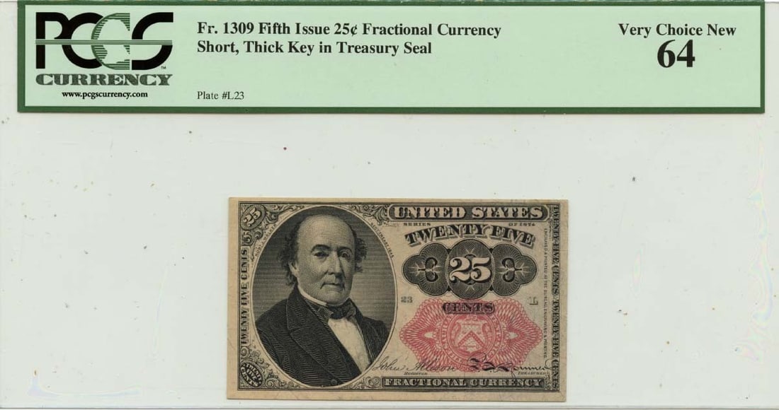 PCGS Certified Fifth Issue 25 Cent Fractional Currency FR1309 CU64: PCGS Certified Fifth Issue 25 Cent Fractional Currency FR1309 CU64 This is a Fifth Issue 25 Cents Fractional Currency note, cataloged as FR#1309. The note is certified by PCGS Currency with a grade of