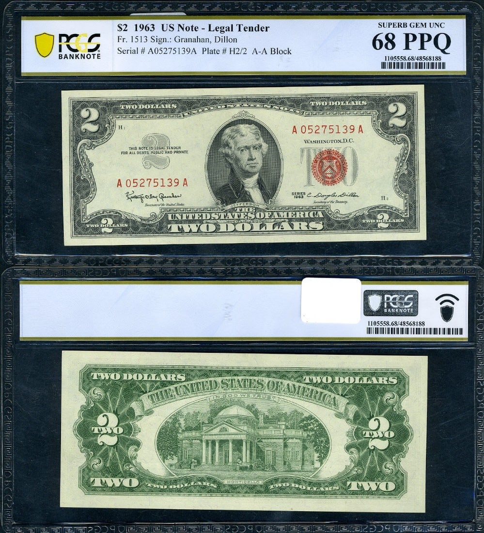 1963 $2 Legal Tender Bill PCGS Superb Gem 68 PPQ A-A Block: 1963 $2 Legal Tender Bill PCGS Superb Gem 68 PPQ A-A Block This $2 Legal Tender note from 1963 is a remarkable collector's item, certified by PCGS as a Superb Gem 68 PPQ. It features excellent paper q
