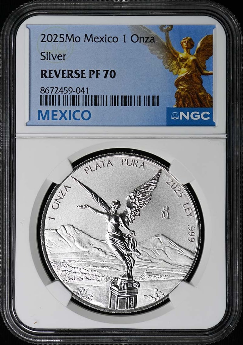 NGC Graded 2025 Silver Libertad Reverse Proof 70 Mexico Onza Limited Mintage: NGC Graded 2025 Silver Libertad Reverse Proof 70 Mexico Onza Limited Mintage This 2025 Mo Mexico Onza Silver Libertad coin is certified by NGC with a Reverse Proof 70 grade, indicating a flawless, un-
