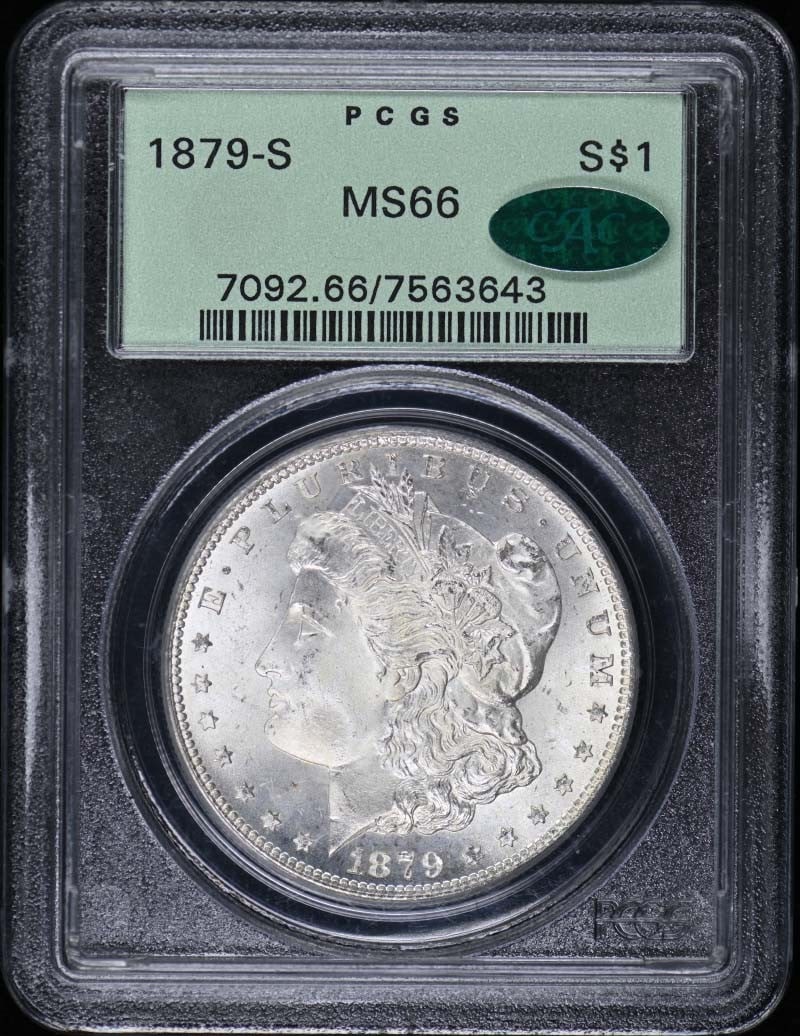 1879-S Morgan Dollar PCGS MS66 Uncirculated San Francisco: 1879-S Morgan Dollar PCGS MS66 Uncirculated San Francisco This 1879-S Morgan Dollar is a stunning example of American numismatic history, certified by PCGS with a high grade of MS66. Struck at the San