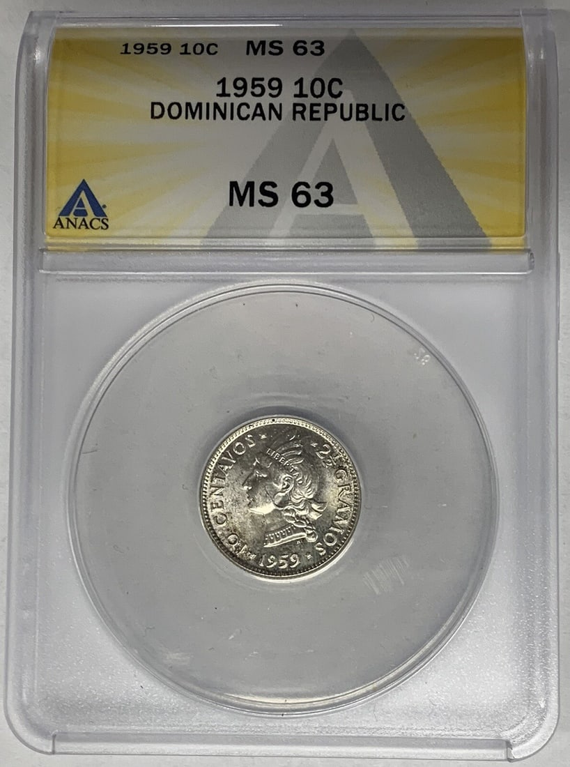 1959 Silver 10 Centavos Dominican Republic Coin ANACS MS 63 Certified: 1959 Silver 10 Centavos Dominican Republic Coin ANACS MS 63 Certified This 1959 Dominican Republic 10 Centavos coin is composed of silver and has been graded MS 63 by ANACS. It is an uncirculated coin