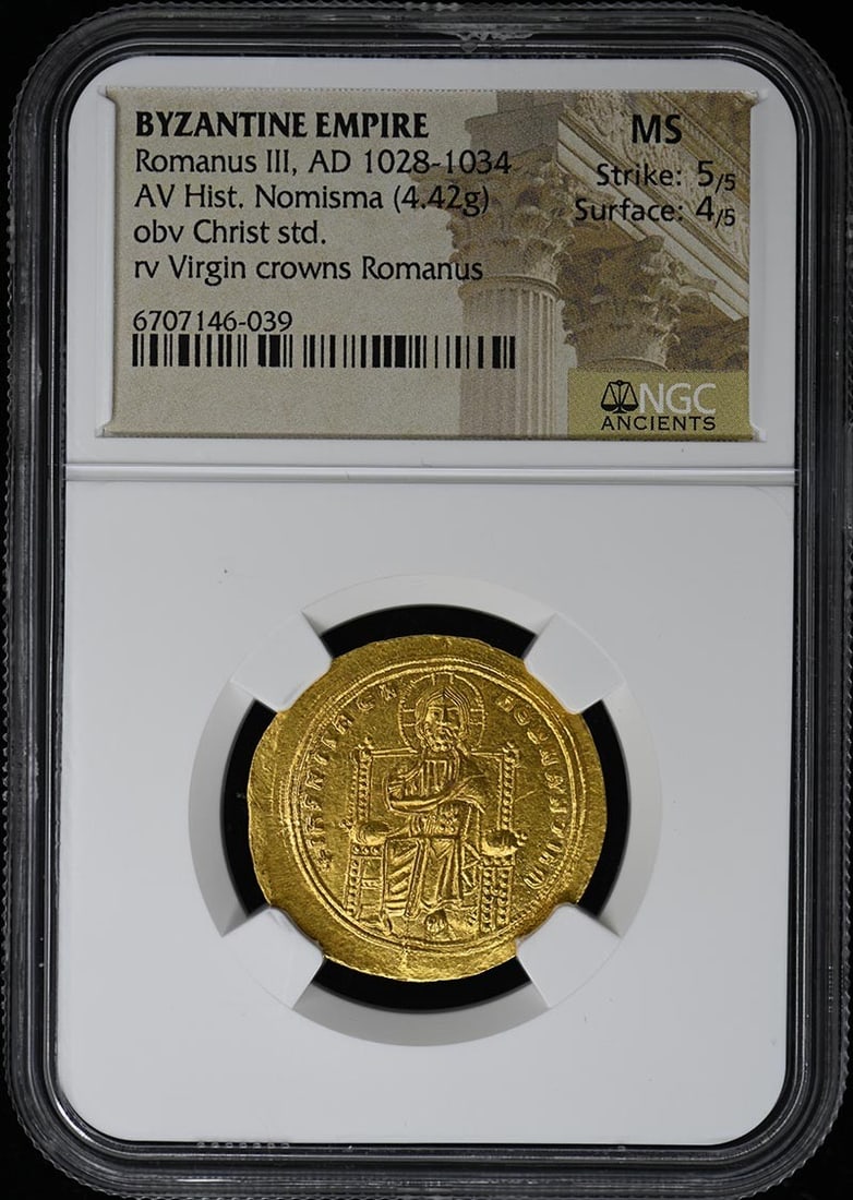 Romanus III Byzantine Coin AD 1028-1034 NGC MS Christ Virgin 4.42g: Romanus III Byzantine Coin AD 1028-1034 NGC MS Christ Virgin 4.42g This ancient Romanus III coin, minted between AD 1028-1034, features a stunning depiction of Christ on one side and the Virgin Mary o
