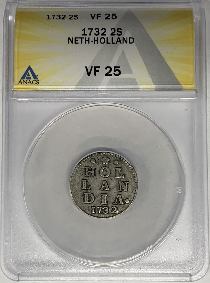 1732 Netherlands Silver 2 Stuivers ANACS VF 25 Certified Coin: 1732 Netherlands Silver 2 Stuivers ANACS VF 25 Certified Coin This is a 1732 Netherlands-Holland 2 Stuivers coin composed of silver. The coin is circulated and has been certified by ANACS with a grade