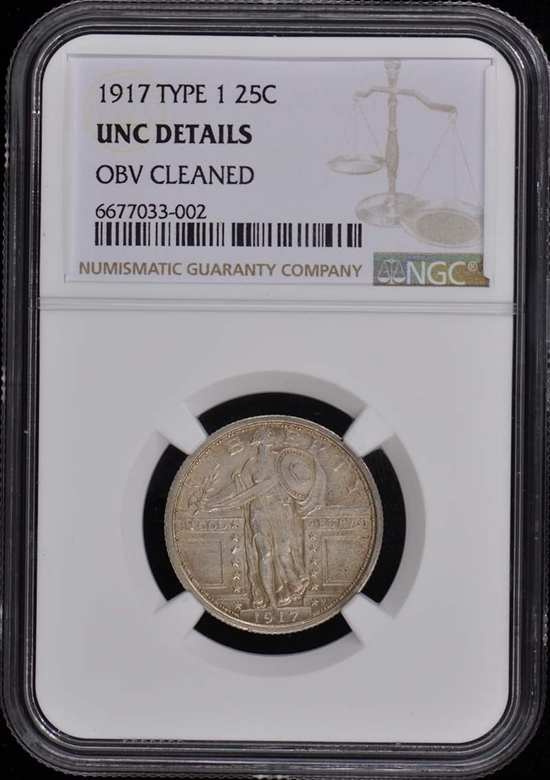 1917 Type 1 Standing Liberty Quarter NGC UNC Details Philadelphia: 1917 Type 1 Standing Liberty Quarter NGC UNC Details Philadelphia This 1917 Type 1 Standing Liberty Quarter is certified by NGC with the certification number 6677033002. It is graded as Uncirculated (