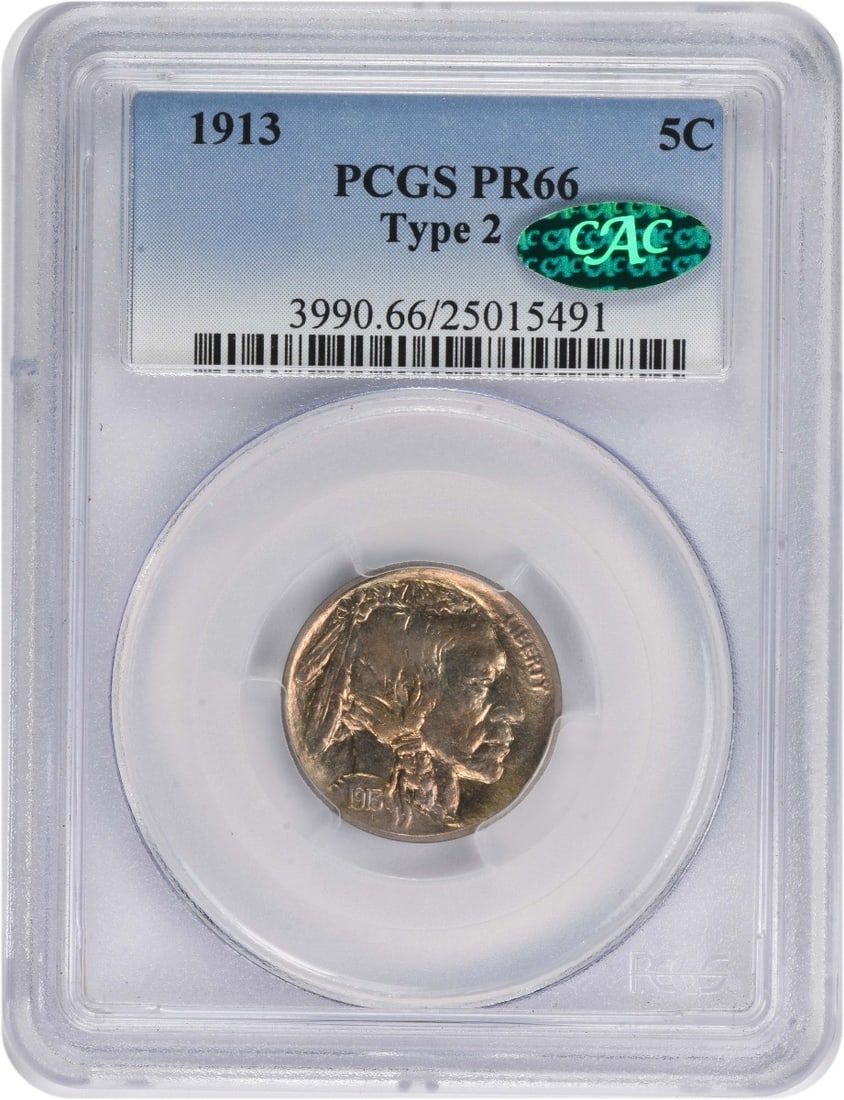 1913 Buffalo Nickel Type 2 PR66 PCGS CAC Uncirculated: 1913 Buffalo Nickel Type 2 PR66 PCGS CAC Uncirculated This 1913 Buffalo Nickel, graded PR66 by PCGS and certified by CAC, is a stunning example of American numismatic history. Struck in Philadelphia,