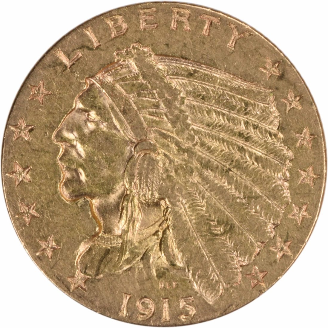 1915 $2.50 Gold Indian Coin AU Grade Philadelphia Mint: 1915 $2.50 Gold Indian Coin AU Grade Philadelphia Mint This 1915 $2.50 Gold Indian coin exhibits an attractive AU (About Uncirculated) condition, showcasing its historical significance and craftsmansh
