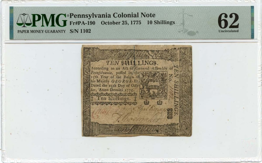 1775 Pennsylvania 10 Shillings Colonial Note PMG CU62: 1775 Pennsylvania 10 Shillings Colonial Note PMG CU62 This historic 1775 October 25, 10 Shillings Pennsylvania Colonial Note is a remarkable piece of currency that showcases the rich heritage of Colon