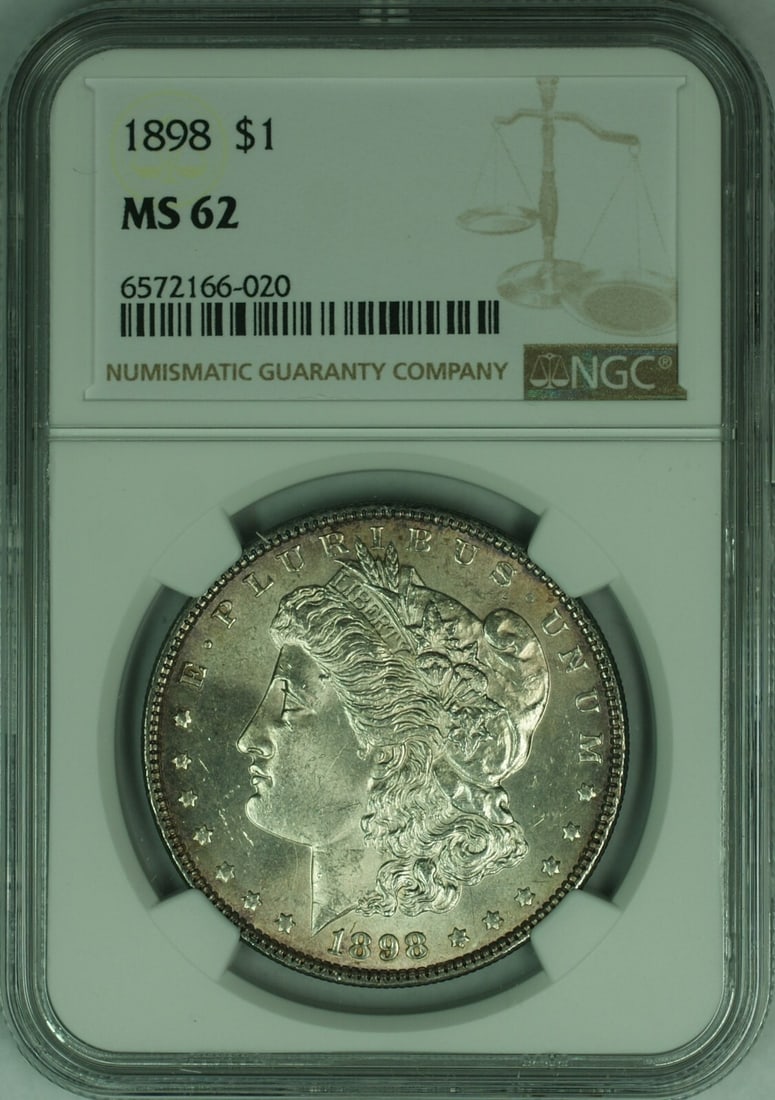 1898 Philadelphia Morgan Dollar NGC MS-62 Light Toning Silver $1 Coin: 1898 Philadelphia Morgan Dollar NGC MS-62 Light Toning Silver $1 Coin This 1898 Morgan Silver Dollar features light toning and has been certified by NGC with a grade of MS-62. Struck at the Philadelph