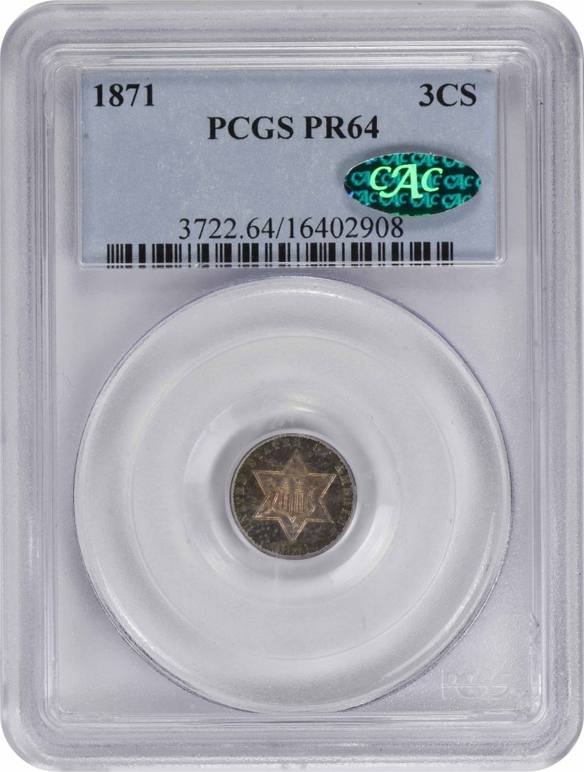 1871 Three Cent Silver Proof PR64 PCGS CAC Certified: 1871 Three Cent Silver Proof PR64 PCGS CAC Certified This 1871 Three Cent Silver coin is graded PR64 by PCGS and features the CAC designation, signifying its premium quality. The coin is composed of s