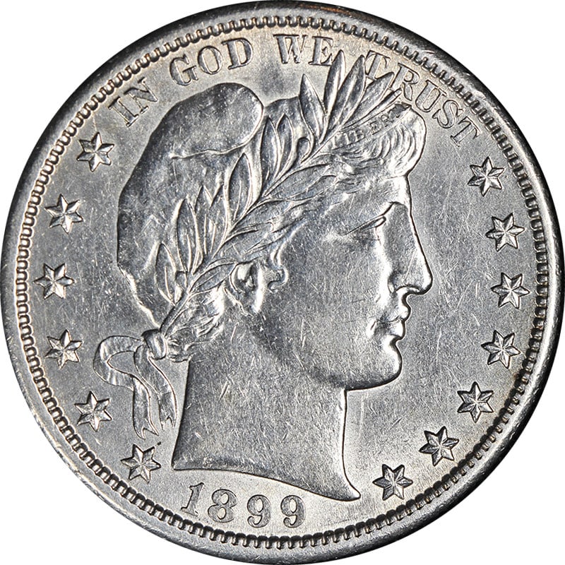 1899-S Barber Half Dollar Silver AU/BU Details Strong Strike: 1899-S Barber Half Dollar Silver AU/BU Details Strong Strike This 1899-S Barber Half Dollar showcases remarkable eye appeal, featuring fantastic luster and a strong strike. It is classified as AU/BU D