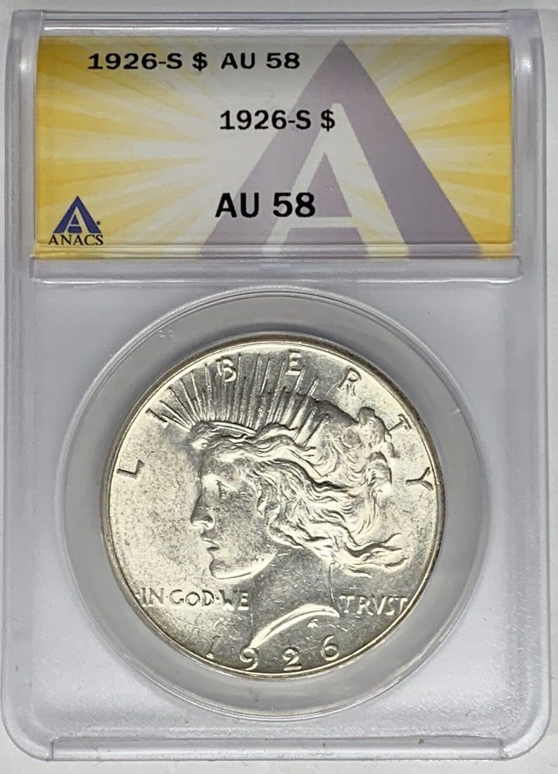 ANACS AU 58 Graded 1926-S Peace Silver Dollar Coin: ANACS AU 58 Graded 1926-S Peace Silver Dollar Coin This 1926-S Peace Silver Dollar is certified by ANACS with a grade of AU 58. Issued by the United States, the coin features the iconic Peace design a