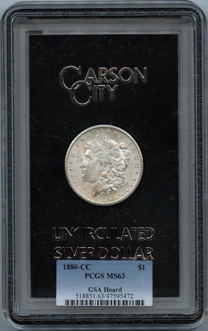 1880-CC Morgan Dollar $1 PCGS MS63 Uncirculated GSA Hoard: 1880-CC Morgan Dollar $1 PCGS MS63 Uncirculated GSA Hoard This 1880-CC Morgan Dollar is a stunning example of American coinage, graded MS63 by PCGS, ensuring its uncirculated condition. Minted in Cars
