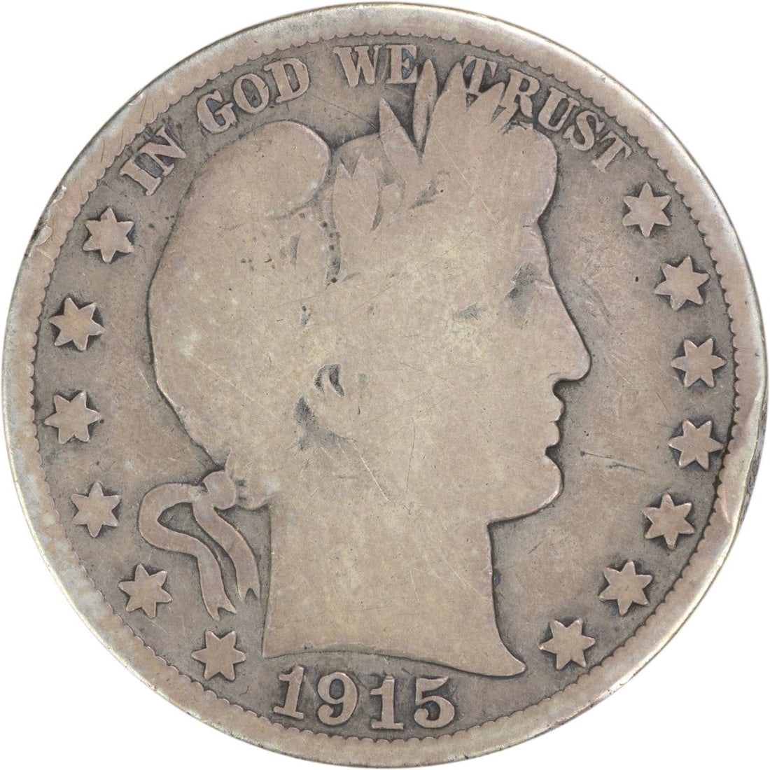 1915 Philadelphia Barber Half Dollar 90 Percent Silver VG Grade Uncertified: 1915 Philadelphia Barber Half Dollar 90 Percent Silver VG Grade Uncertified This is a 1915 Barber Half Dollar coin from the United States, designed by Charles E. Barber. The coin is circulated and gra