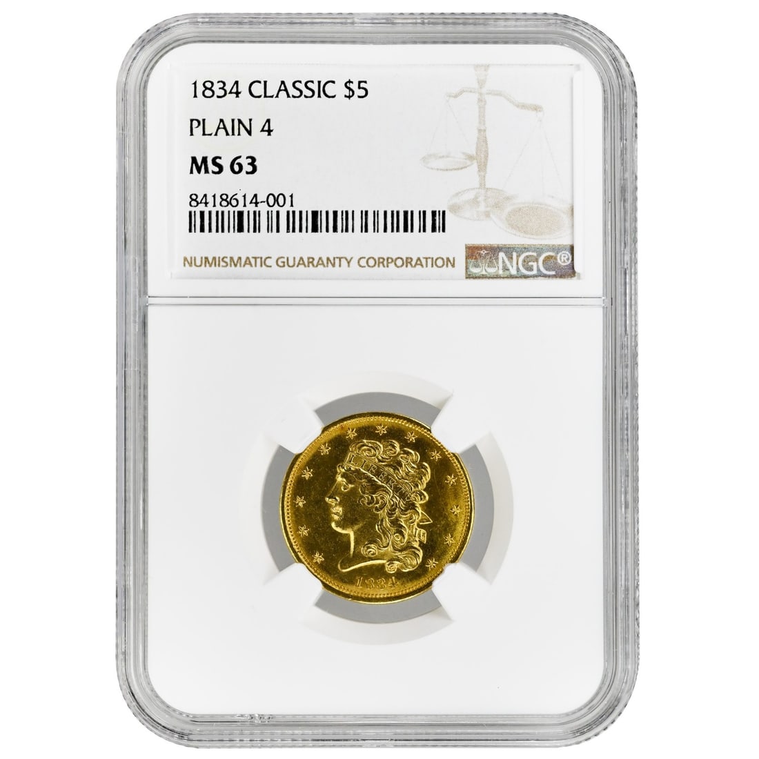 1834 Classic Head $5 Gold Coin NGC MS63 Philadelphia Mint: 1834 Classic Head $5 Gold Coin NGC MS63 Philadelphia Mint This 1834 $5 Classic Head gold coin is certified by NGC with a grade of MS63. Struck at the Philadelphia Mint, it features a brilliant lemon-g