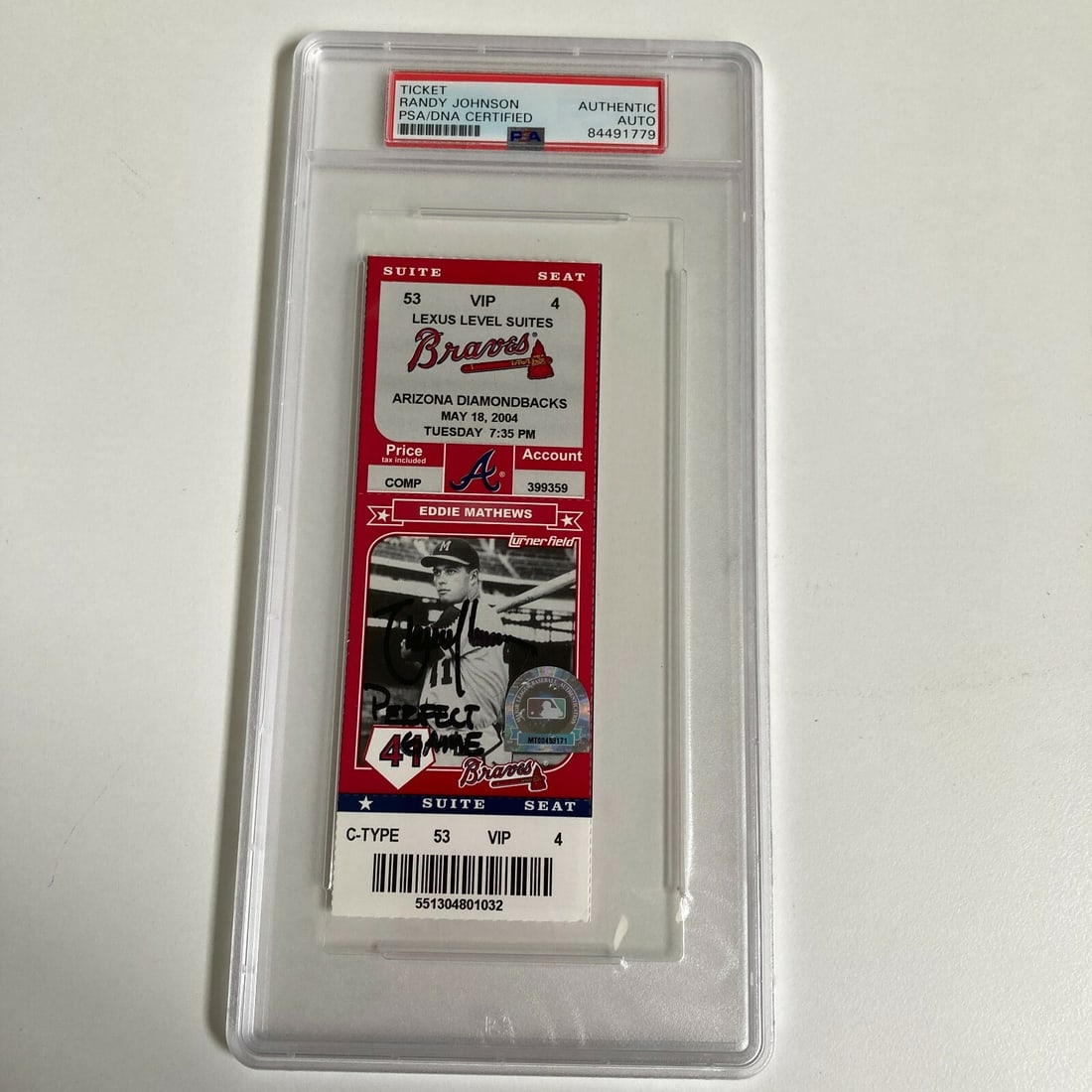 Randy Johnson Signed Inscribed Perfect Game Ticket 2004 PSA DNA COA: Randy Johnson Signed Inscribed Perfect Game Ticket 2004 PSA DNA COA Celebrate a historic moment in baseball with this original ticket stub from Randy Johnson's Perfect Game on May 18, 2004. Authentica