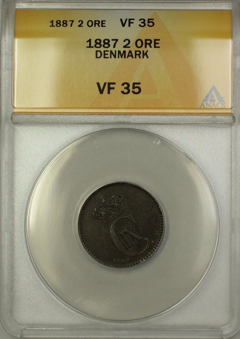 ANACS VF-35 Graded 1887 Denmark 2 Ore Circulated Coin: ANACS VF-35 Graded 1887 Denmark 2 Ore Circulated Coin This 1887 Denmark 2 Ore coin is certified by ANACS with a VF-35 grade, indicating it is in very fine circulated condition. The coin originates fro