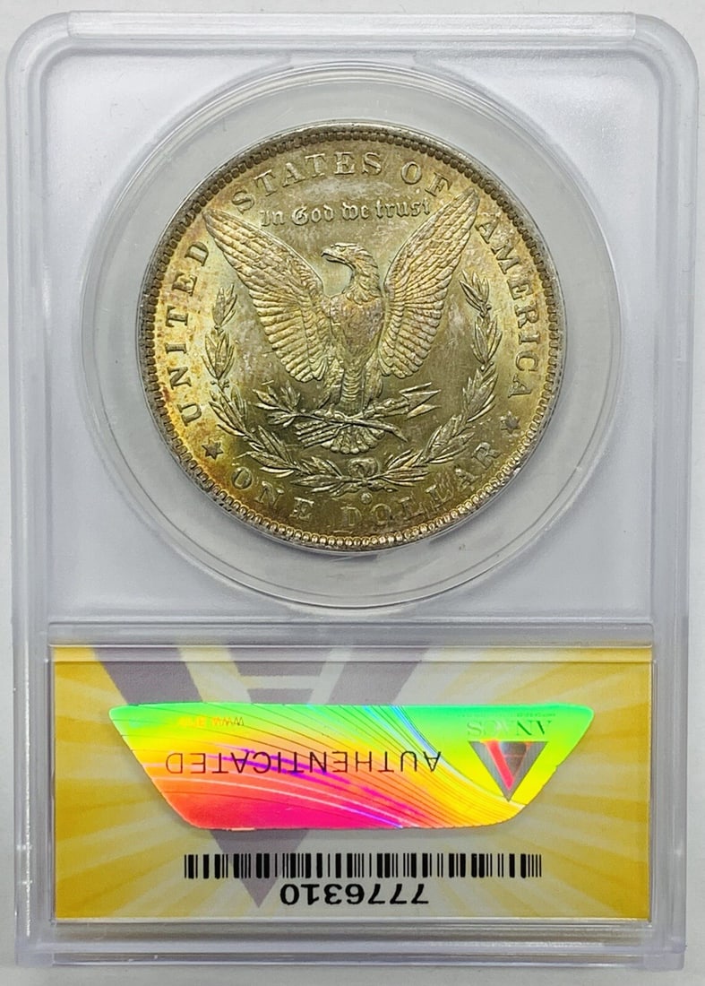 ANACS MS 62 Graded 1884-O Morgan Dollar with Attractive Toning: ANACS MS 62 Graded 1884-O Morgan Dollar with Attractive Toning This 1884-O Morgan Silver Dollar features natural toning and is certified by ANACS with a grade of MS 62. Struck in silver, this uncircul