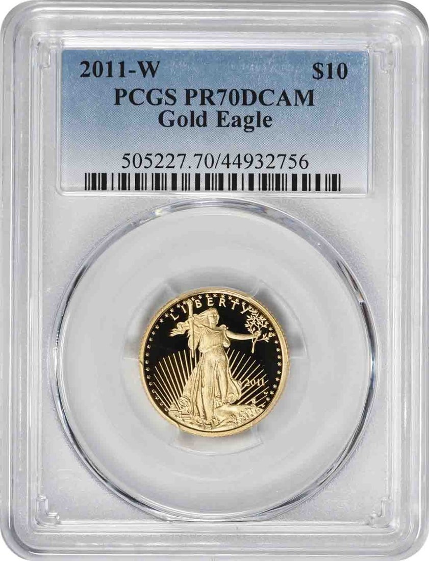 2011-W American Gold Eagle PR70DCAM PCGS Coin 1/4 oz Limited Mintage: 2011-W American Gold Eagle PR70DCAM PCGS Coin 1/4 oz Limited Mintage This exquisite 2011-W $10 American Gold Eagle coin showcases a perfect PR70 grade, certified by PCGS. Struck in proof quality at th