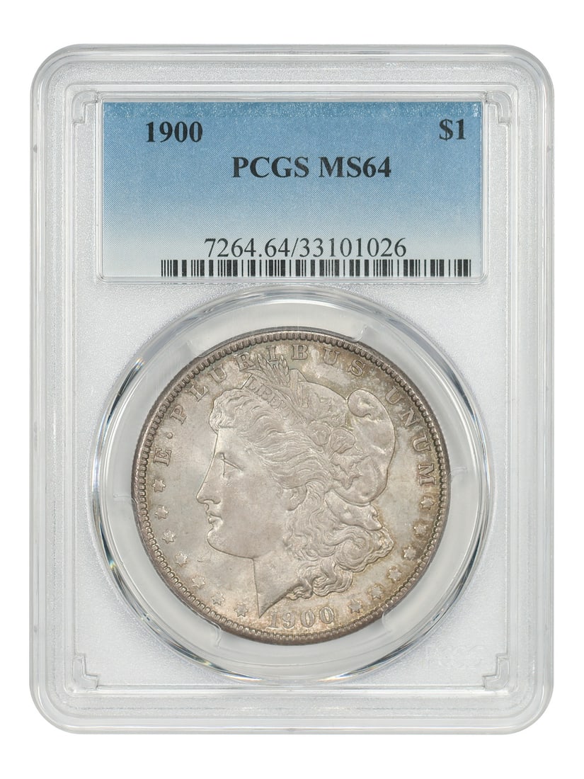 PCGS MS64 1900 Morgan Silver Dollar Certified Uncirculated: PCGS MS64 1900 Morgan Silver Dollar Certified Uncirculated This 1900 Morgan Dollar is certified by PCGS with a grade of MS64. The coin is uncirculated and was minted in Philadelphia. It belongs to the