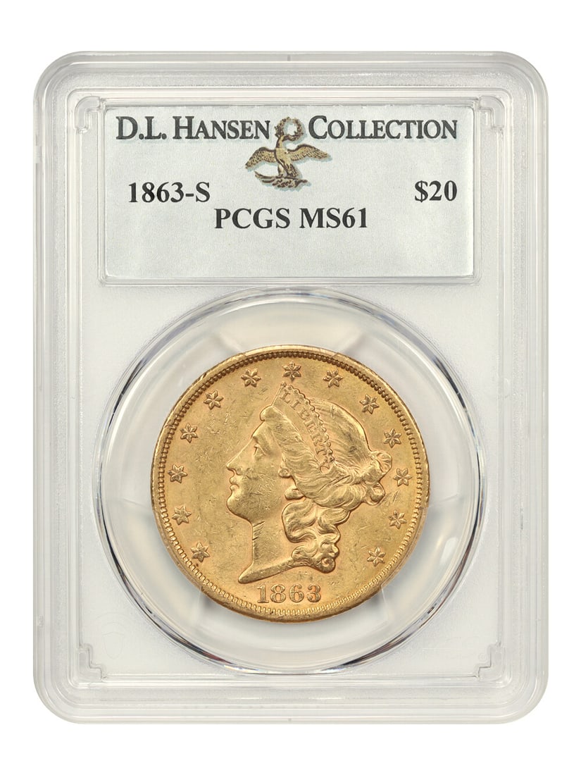 1863-S $20 Liberty Head Gold Coin PCGS MS61 Civil War Era: 1863-S $20 Liberty Head Gold Coin PCGS MS61 Civil War Era This 1863-S $20 Liberty Head gold coin is a remarkable piece of history, certified by PCGS with a grade of MS61. Struck at the San Francisco m