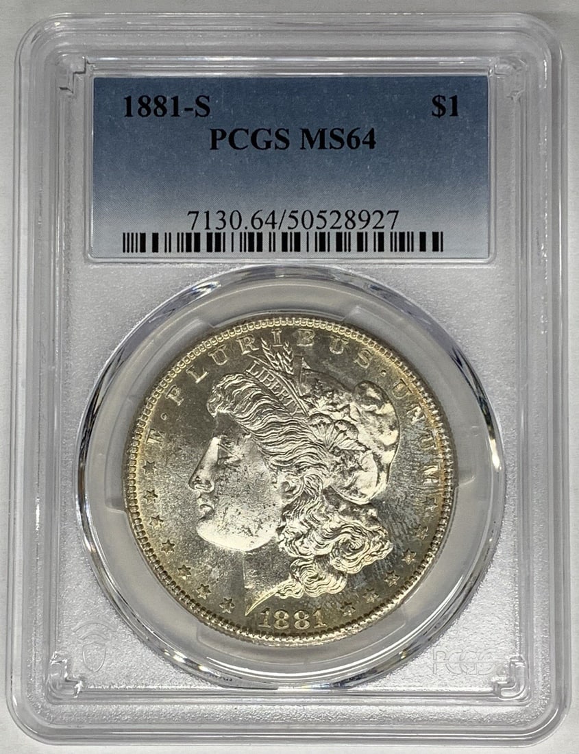 PCGS MS 64 1881-S Morgan Silver Dollar United States $1 Coin: PCGS MS 64 1881-S Morgan Silver Dollar United States $1 Coin This is an 1881-S Morgan Silver Dollar graded MS 64 by PCGS. The coin is composed of silver and is uncirculated. It originates from the Uni
