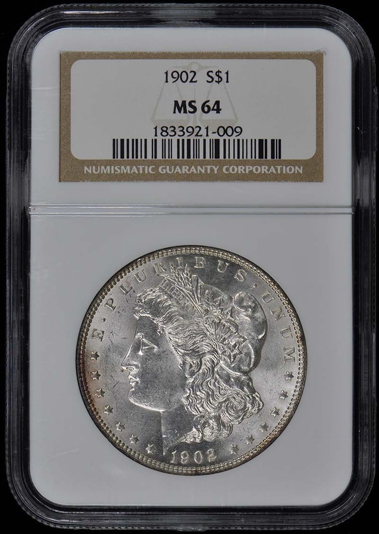 1902 Morgan Dollar S$1 NGC MS64 Uncirculated Philadelphia Coin: 1902 Morgan Dollar S$1 NGC MS64 Uncirculated Philadelphia Coin This is a 1902 Morgan Dollar, an iconic piece of American coinage, certified by NGC with a grade of MS64. This uncirculated coin originat