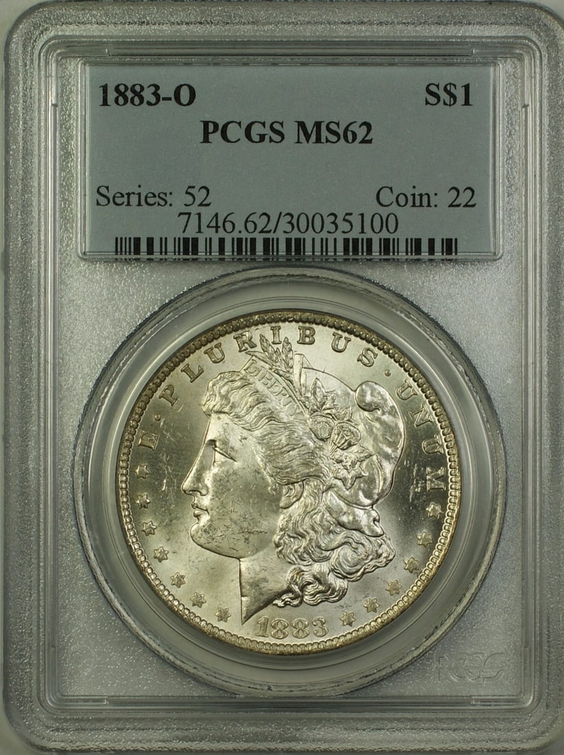 PCGS MS62 1883-O Morgan Dollar Silver Coin from New Orleans Mint: PCGS MS62 1883-O Morgan Dollar Silver Coin from New Orleans Mint This is an 1883-O Morgan Silver Dollar $1 coin graded MS-62 by PCGS. Minted in New Orleans, this uncirculated coin is composed of silve