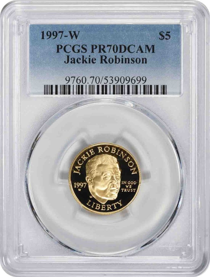 1997-W Jackie Robinson $5 Gold Coin PR70DCAM PCGS Uncirculated: 1997-W Jackie Robinson $5 Gold Coin PR70DCAM PCGS Uncirculated This 1997-W Jackie Robinson Commemorative $5 Gold coin is a striking tribute to the legendary baseball player. Graded PR70 by PCGS, this