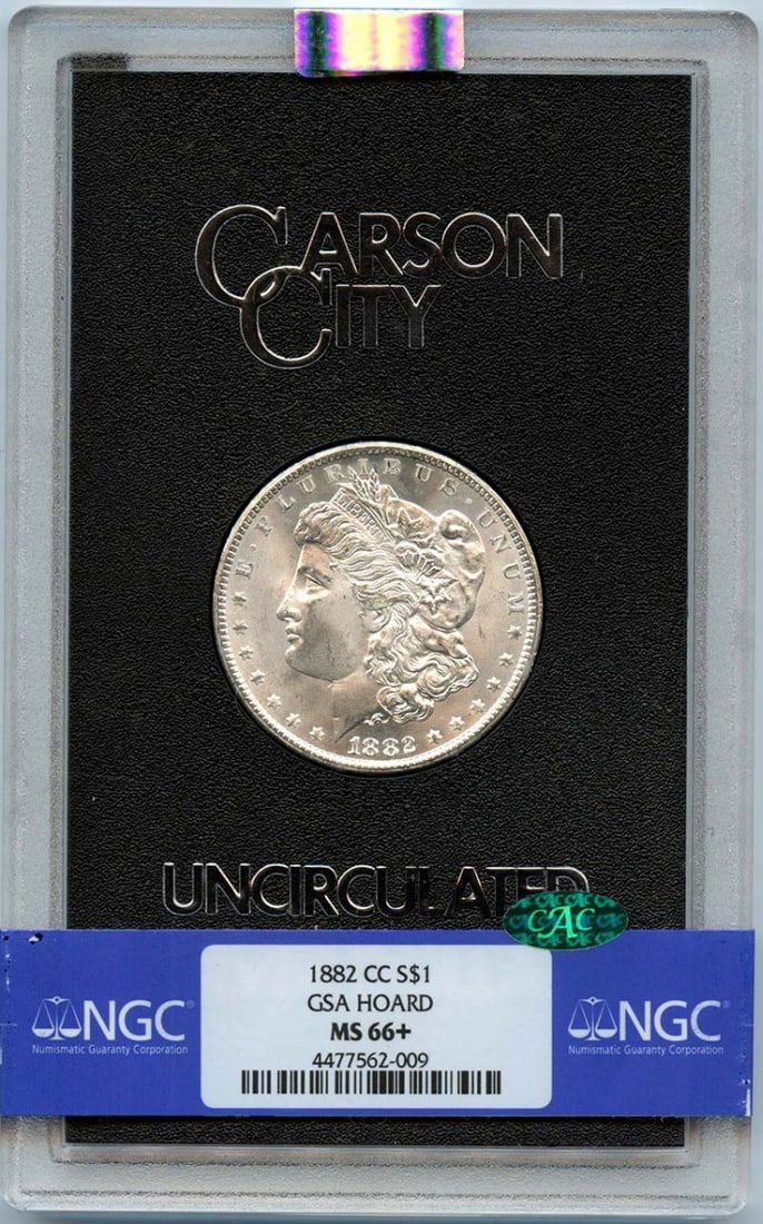1882-CC Morgan Dollar GSA Hoard NGC MS66+ CAC Coin: 1882-CC Morgan Dollar GSA Hoard NGC MS66+ CAC Coin This stunning 1882-CC Morgan Dollar is a true gem from the GSA Hoard, certified by NGC with a remarkable grade of MS66+. This uncirculated coin was m