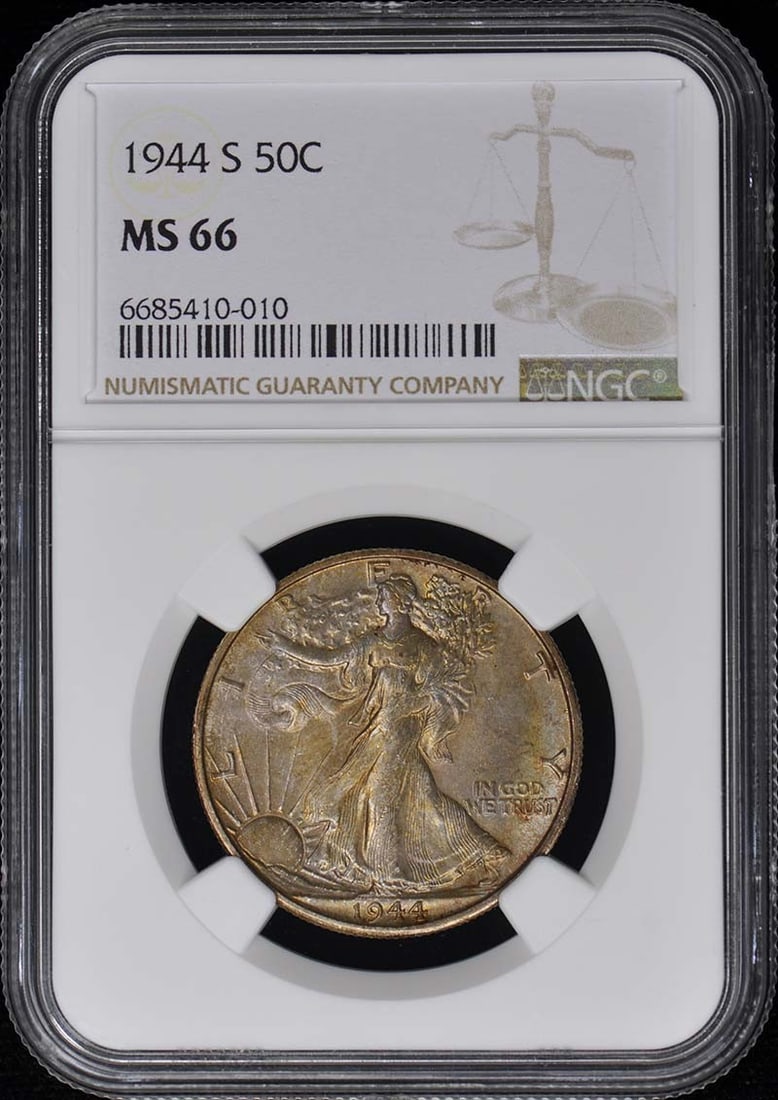 1944-S NGC MS66 Walking Liberty Half Dollar Uncirculated Coin: 1944-S NGC MS66 Walking Liberty Half Dollar Uncirculated Coin This 1944-S Walking Liberty Half Dollar is certified by NGC with a grade of MS66, indicating its uncirculated condition and exceptional qu