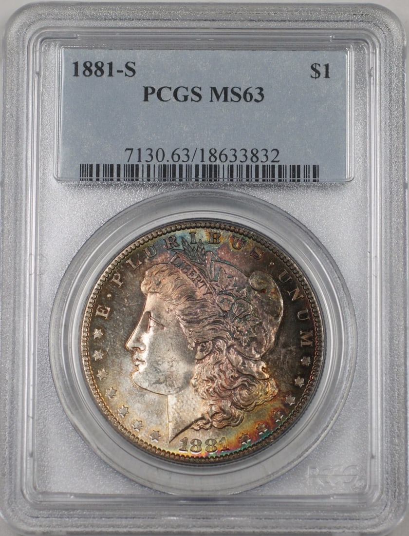 PCGS MS63 1881-S Morgan Dollar San Francisco Mint Silver Toned Coin: PCGS MS63 1881-S Morgan Dollar San Francisco Mint Silver Toned Coin This is an 1881-S Morgan Silver Dollar coin from the United States, graded MS-63 by PCGS. The coin is uncirculated and features natu