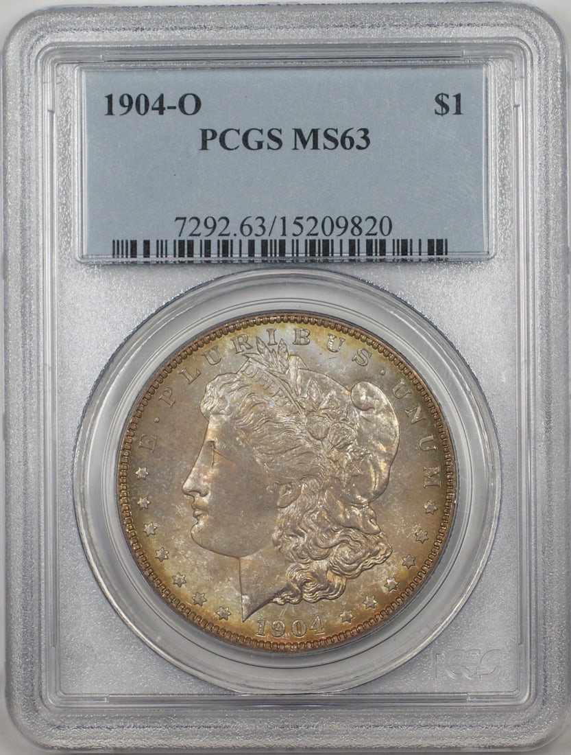 PCGS MS63 1904-O Silver Morgan Dollar from New Orleans Mint: PCGS MS63 1904-O Silver Morgan Dollar from New Orleans Mint This is a 1904-O Morgan Silver Dollar $1 coin, certified by PCGS with a grade of MS-63. Minted in New Orleans, this uncirculated coin is com