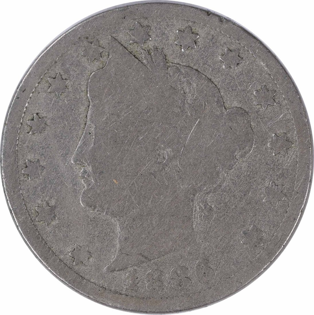 1886 Liberty Nickel G Uncertified Charles E Barber Design: 1886 Liberty Nickel G Uncertified Charles E Barber Design This 1886 Liberty Nickel is a classic piece of American numismatics, featuring the iconic Liberty design by Charles E. Barber. It is uncertifi
