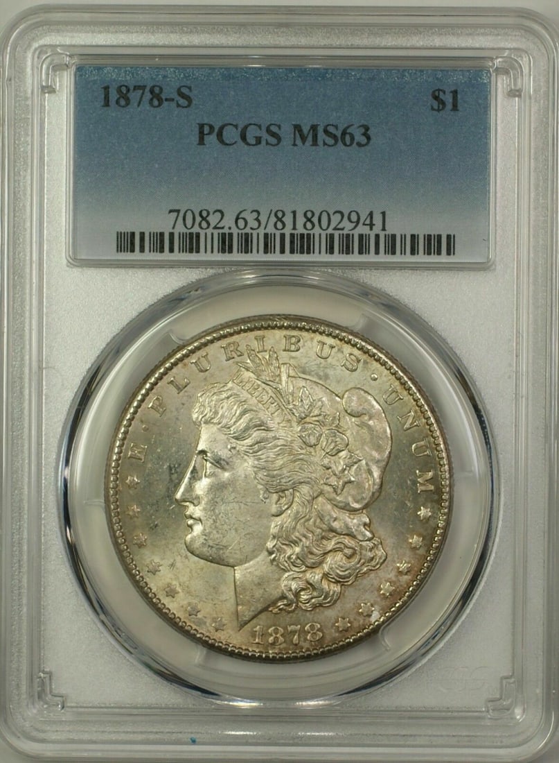 PCGS MS-63 1878-S Morgan Dollar Silver $1 San Francisco Toned Coin: PCGS MS-63 1878-S Morgan Dollar Silver $1 San Francisco Toned Coin This 1878-S Morgan Silver Dollar features a $1 denomination and was minted in San Francisco. Certified by PCGS with a grade of MS 63,