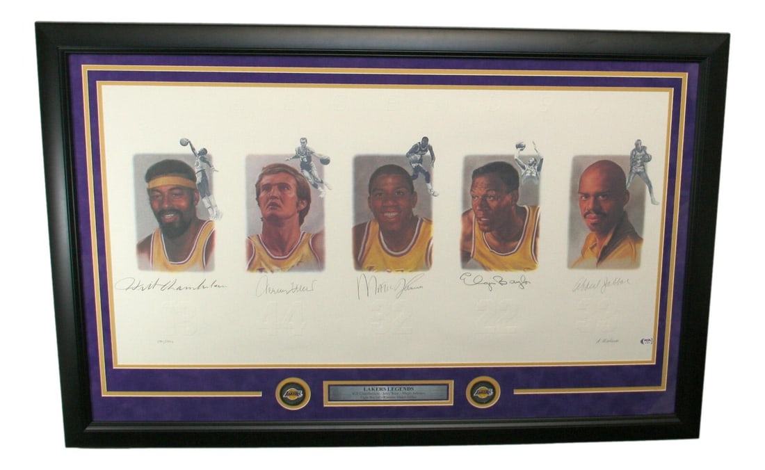 Lakers Legends Framed Lithograph Signed Chamberlain Jabbar Johnson PSA 22x39 (1 of 6)