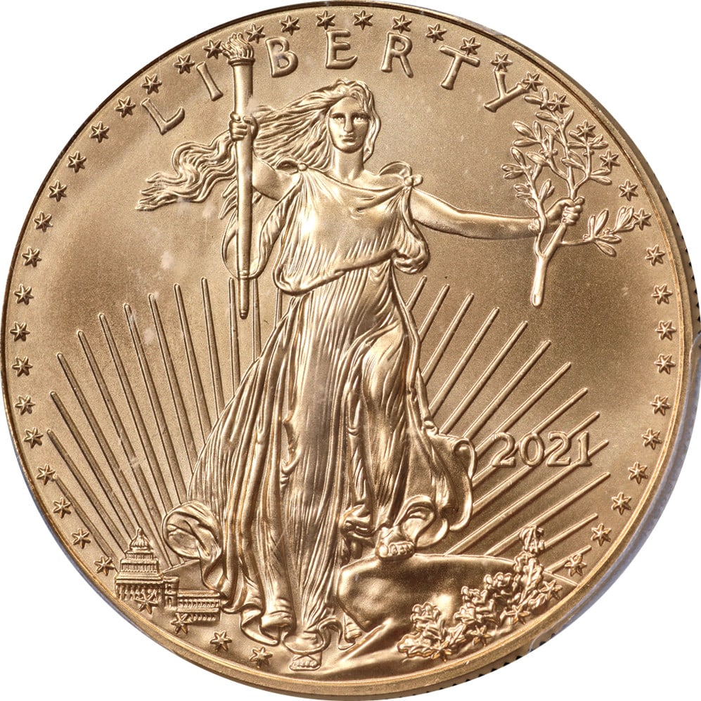 PCGS MS70 First Strike 2021 $50 Gold Eagle Type 1 1 oz Coin: PCGS MS70 First Strike 2021 $50 Gold Eagle Type 1 1 oz Coin This 2021 Gold American Eagle $50 Type 1 coin is composed of 0.9167 fine gold and contains 1 ounce of gold. Graded MS70 by PCGS, it is class