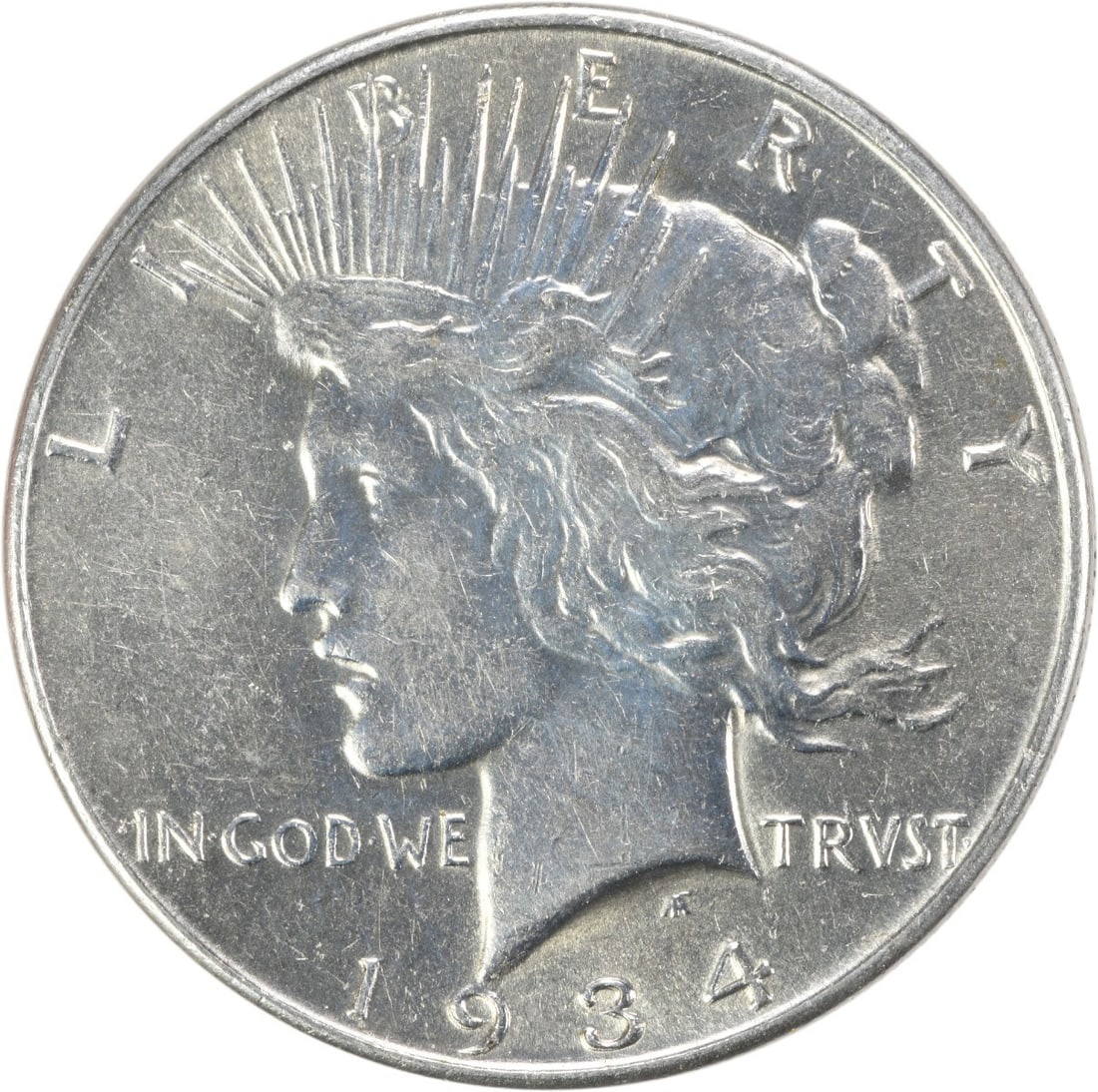 1934 United States Peace Dollar AU Grade 90 Percent Silver Uncertified Coin: 1934 United States Peace Dollar AU Grade 90 Percent Silver Uncertified Coin This 1934 Peace Silver Dollar is an About Uncirculated (AU) coin from the Philadelphia Mint. Featuring a composition of 90%