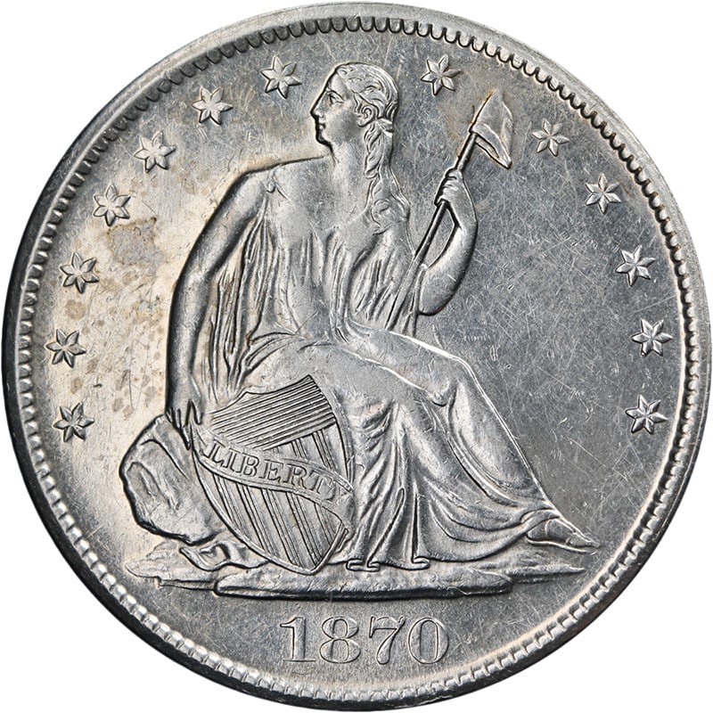 1870-S Seated Half Dollar Choice AU Silver Coin with Nice Eye Appeal: 1870-S Seated Half Dollar Choice AU Silver Coin with Nice Eye Appeal This 1870-S Seated Half Dollar is a stunning example of numismatic craftsmanship, showcasing beautiful eye appeal with a lustrous f