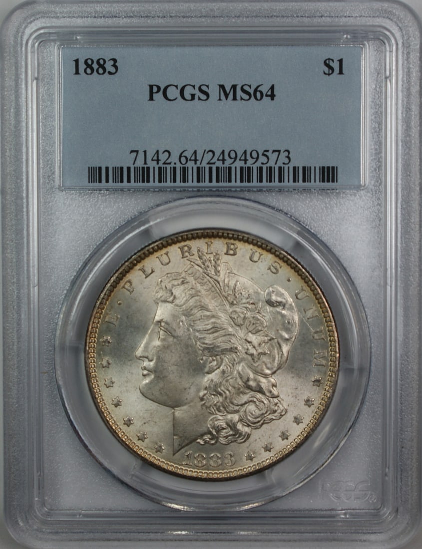 PCGS MS-64 Certified 1883 Morgan Silver Dollar Philadelphia Mint: PCGS MS-64 Certified 1883 Morgan Silver Dollar Philadelphia Mint This 1883 Morgan Silver Dollar was minted in Philadelphia and is graded MS-64 by PCGS. Composed of silver with a fineness of 0.9, this