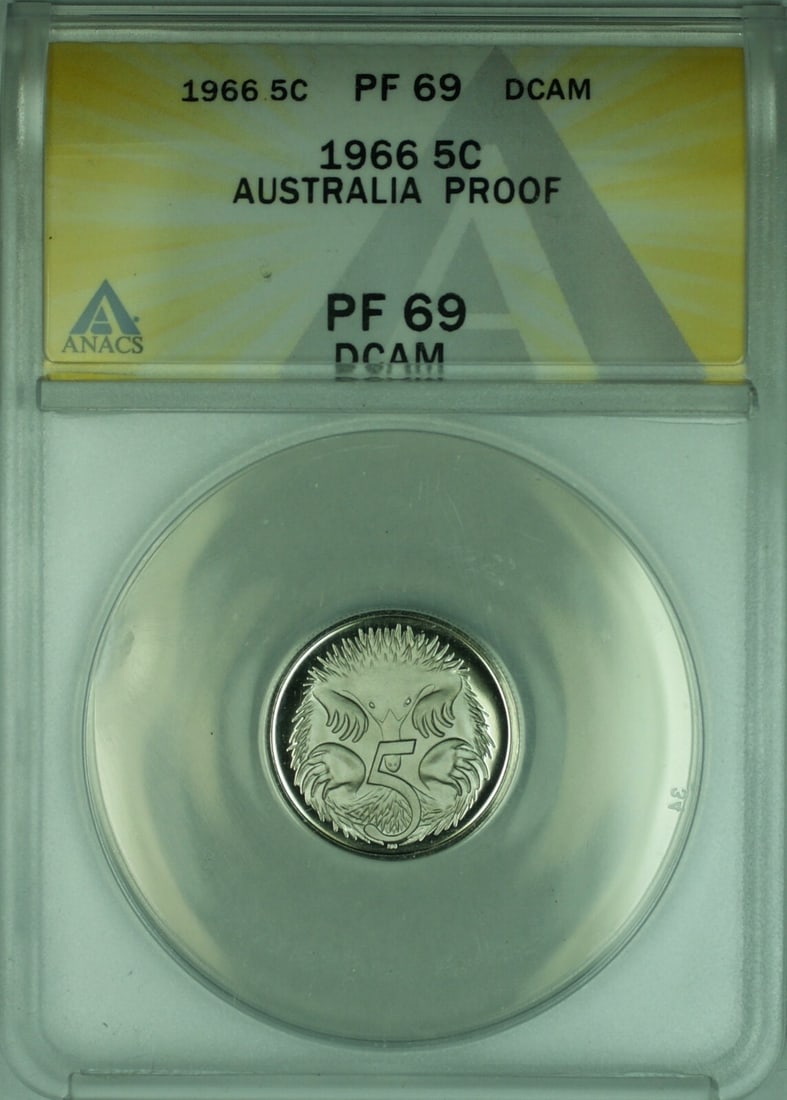 ANACS PF-69 DCAM Certified 1966 Australia Proof 5 Cent Coin: ANACS PF-69 DCAM Certified 1966 Australia Proof 5 Cent Coin This is a 1966 Australia 5 Cent proof coin certified by ANACS with a grade of PF-69 DCAM. The coin is uncirculated and comes from Australia.