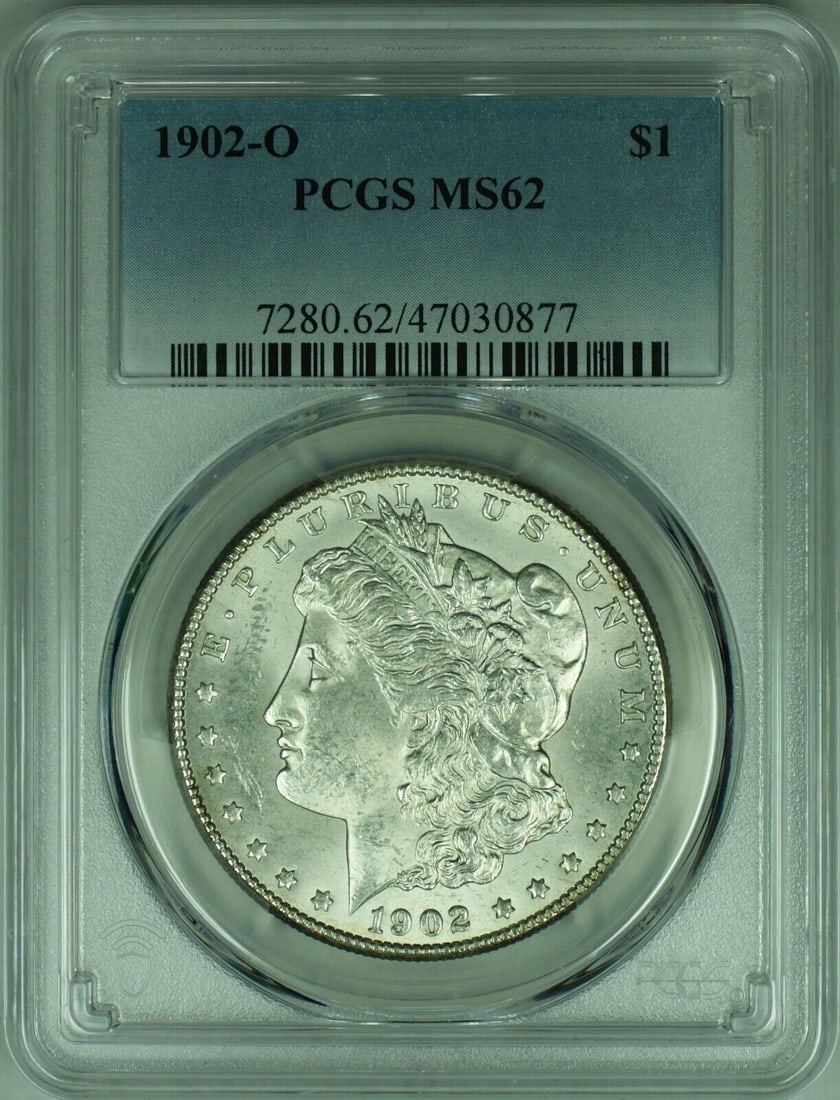PCGS MS-62 1902-O New Orleans Morgan Silver Dollar $1 Coin: PCGS MS-62 1902-O New Orleans Morgan Silver Dollar $1 Coin This is a 1902-O Morgan Silver Dollar coin certified by PCGS with a grade of MS-62. Minted in New Orleans, this uncirculated coin is composed