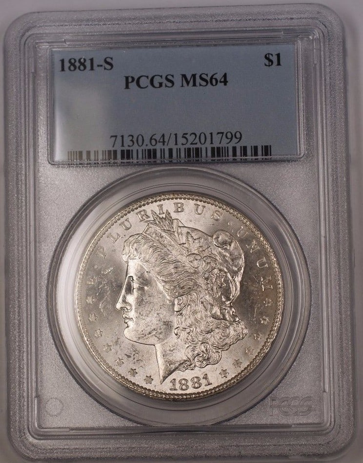 PCGS MS64 1881-S Morgan Dollar Silver Coin San Francisco Mint: PCGS MS64 1881-S Morgan Dollar Silver Coin San Francisco Mint This is an 1881-S US Morgan Silver Dollar $1 coin, certified by PCGS with a grade of MS 64. Minted in San Francisco, this uncirculated coi