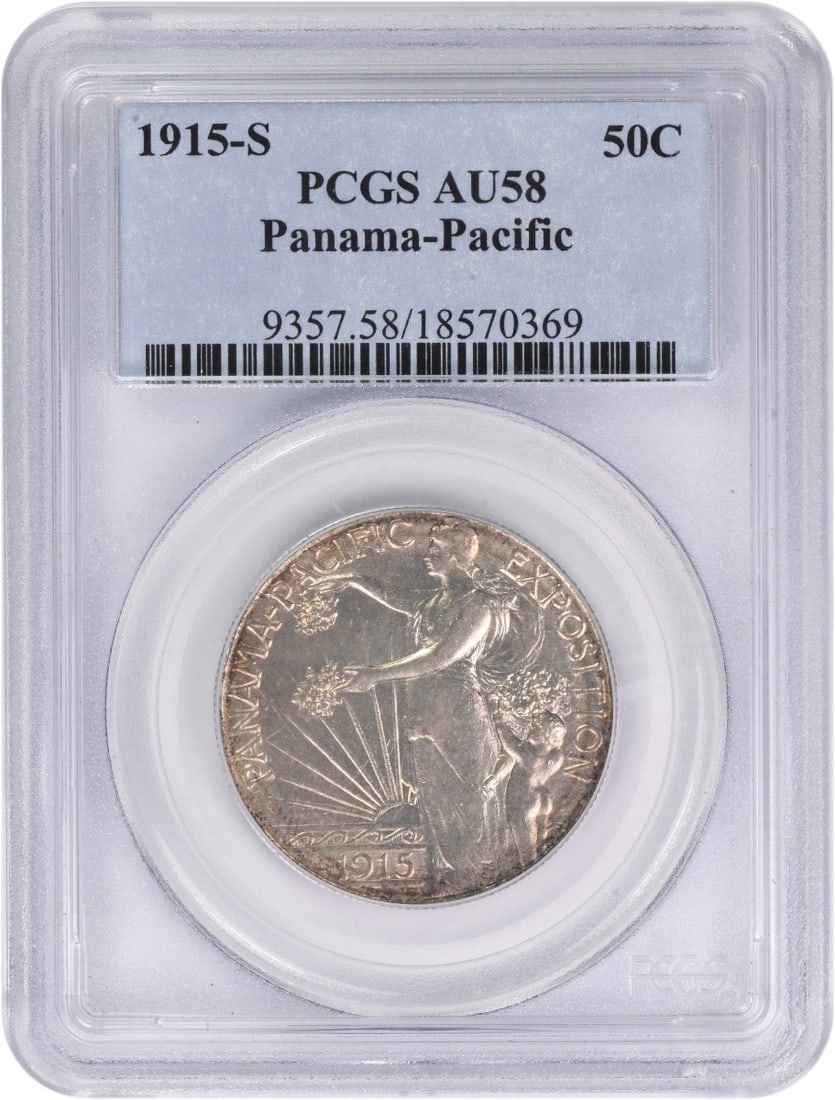 1915 San Francisco Panama-Pacific Half Dollar Commemorative AU58 PCGS Certified: 1915 San Francisco Panama-Pacific Half Dollar Commemorative AU58 PCGS Certified This 1915-S Panama-Pacific Commemorative Silver Half Dollar is certified AU58 by PCGS. Struck in San Francisco, it celeb